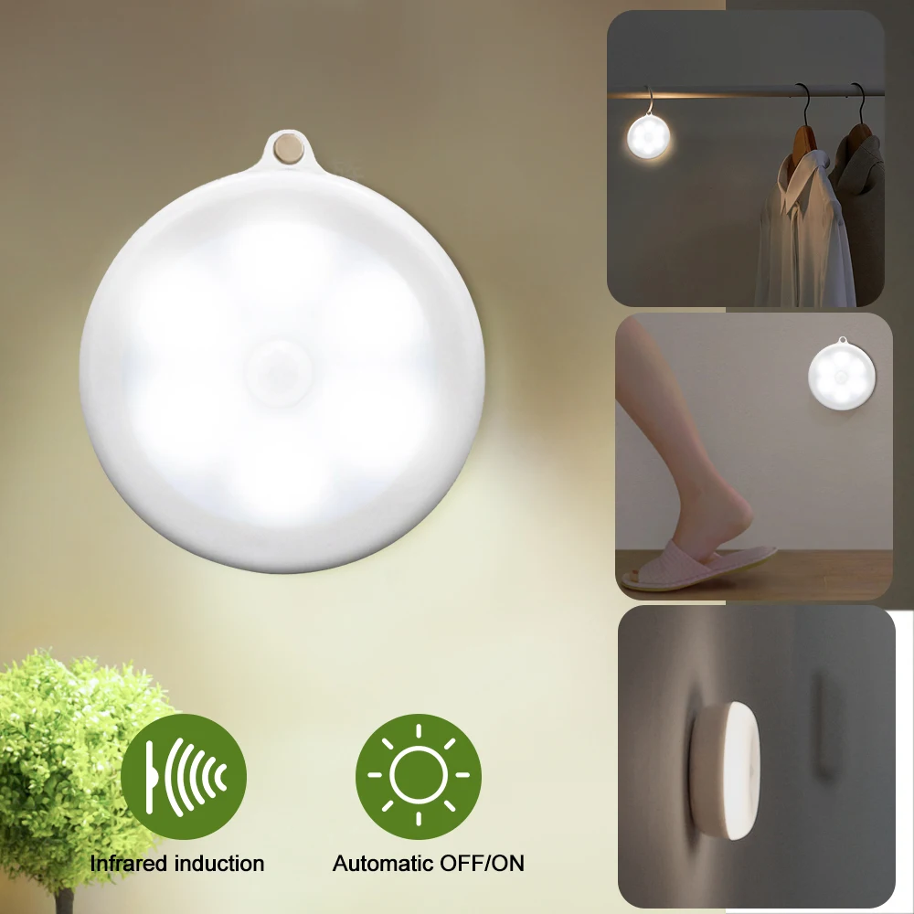 1pcs cold white IVYSHION 1/3, 6 штук в партии, обладает ИК-датчиком движения Сенсор Ночной светильник диаметром 80 мм 6 светодиодов Беспроводной детектор светильник Авто включения/выключения лампы защиты глаз лампы - Испускаемый цвет: 1pcs cold white