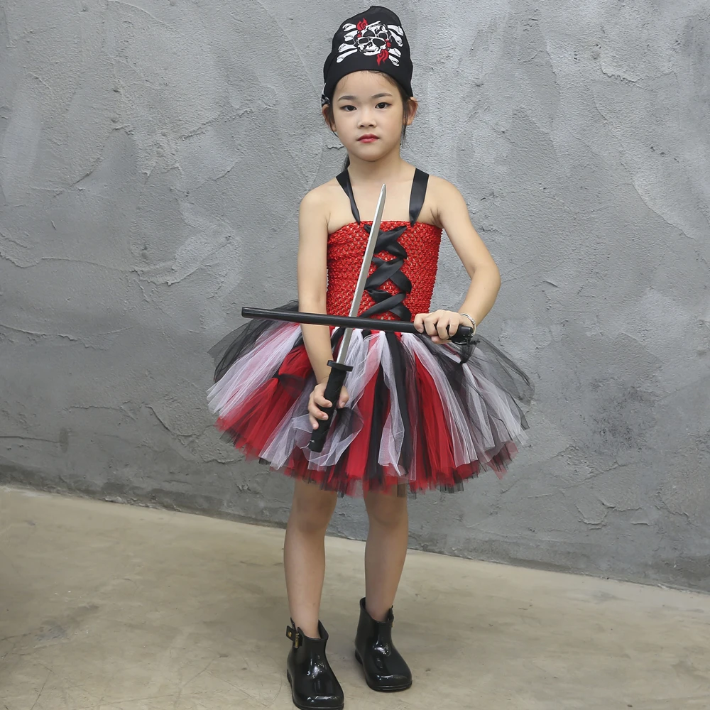 Red and Black Girls Pirate Tutu Dress with Kerchief Halloween Cosplay Costume for Kids Party Children Clothes | Детская одежда и