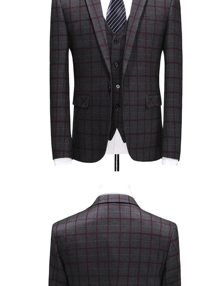 JZ CHIEF 3 шт клетчатый мужской костюм Slim Fit Свадебный костюм жениха куртка повседневный пиджак в деловом стиле брюки жилет элегантный костюм для выпускного вечера мужской