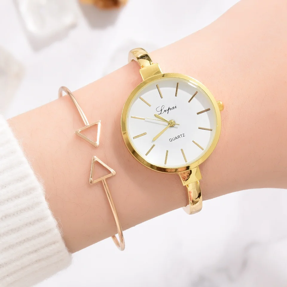 Lvpai Top Brand Women Bracelet Watch Thin Strap Gold Big Dial Simple Women Fashion Luxury Watch Combination Quartz Watch