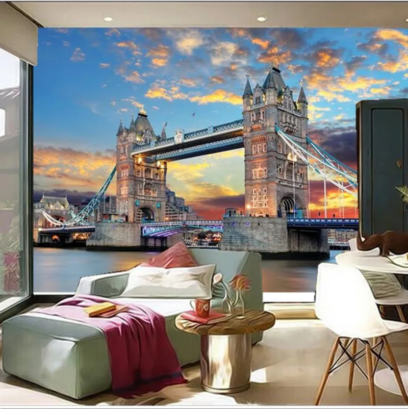Большие настенные 3D обои на заказ с изображением лондонского моста в сумерках