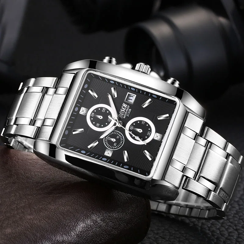 Часы мужские Новинка 2017 прямоугольный полный стали Кварцевые часы модный бренд