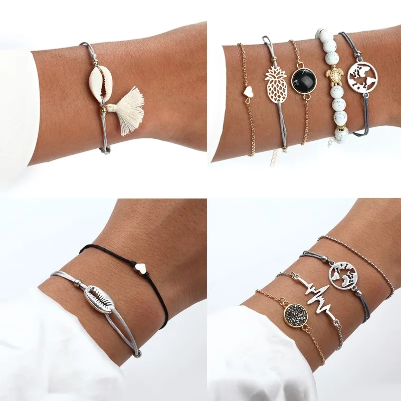 Bohemian Marble Beads Shell Bracelet Set For Women Tassel Pendant Bangles Bracelet Femme Jewelry Accessories
