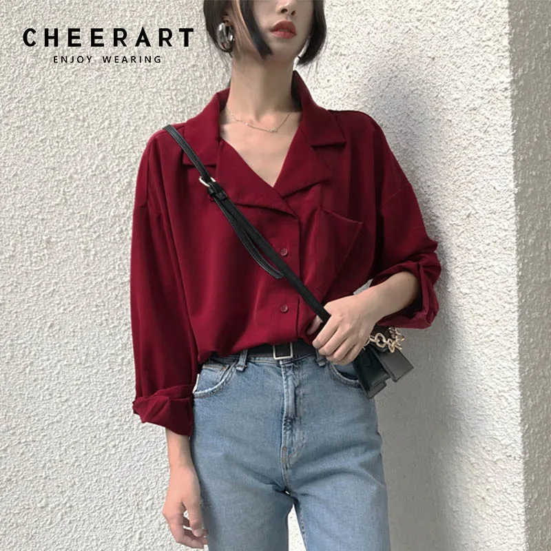 Женская блузка с v образным вырезом Cheerart корейский стиль Однотонная рубашка