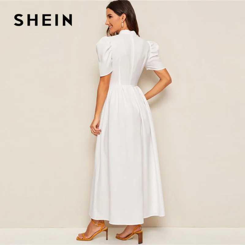 SHEIN модное платье макси с вышивкой и буфами на рукавах, женское скромное белое платье трапециевидной формы с высокой талией, женские летние длинные платья