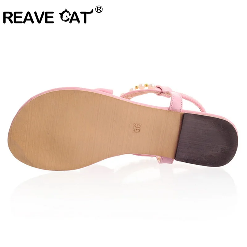 Reave Cat/большой размер 31-45 брендовые сандалии Для женщин летние сандалии сладости мода белый фиолетовый зеленый розовый Бисер эластичные ql4204