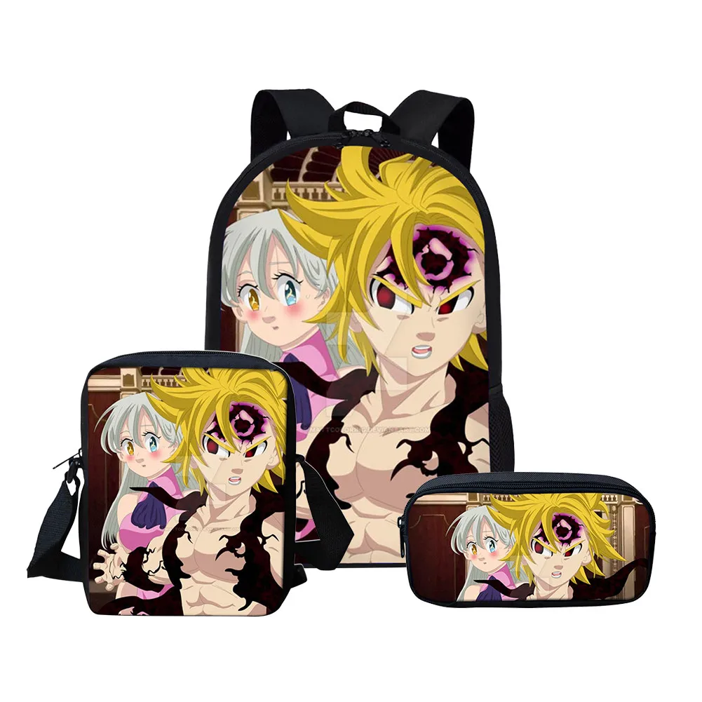 THIKIN BAG THIKIN/детский школьный рюкзак с рисунком из аниме Seven Deadly Sins, школьная сумка для мальчиков и девочек, комплект из 3 предметов, Nanatsu No Taizai Meliodas Elizabeth - Цвет: THIKIN BAG