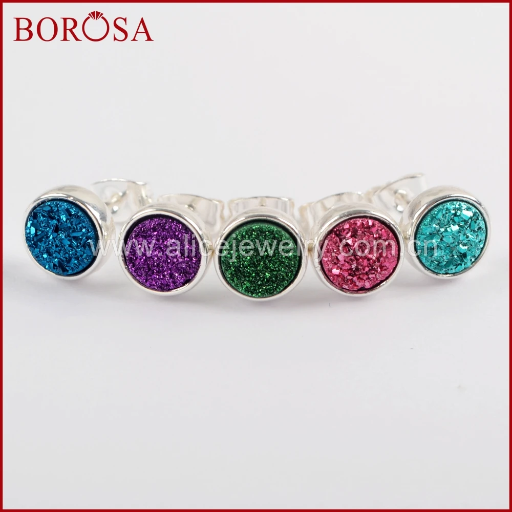 BOROSA, 5 пар, 9 мм, Круглый, серебряный цвет, ободок, титан, Druzy, серьги-гвоздики, покрытие радуги, серьги Drusy, Женские Ювелирные изделия, ZS0328