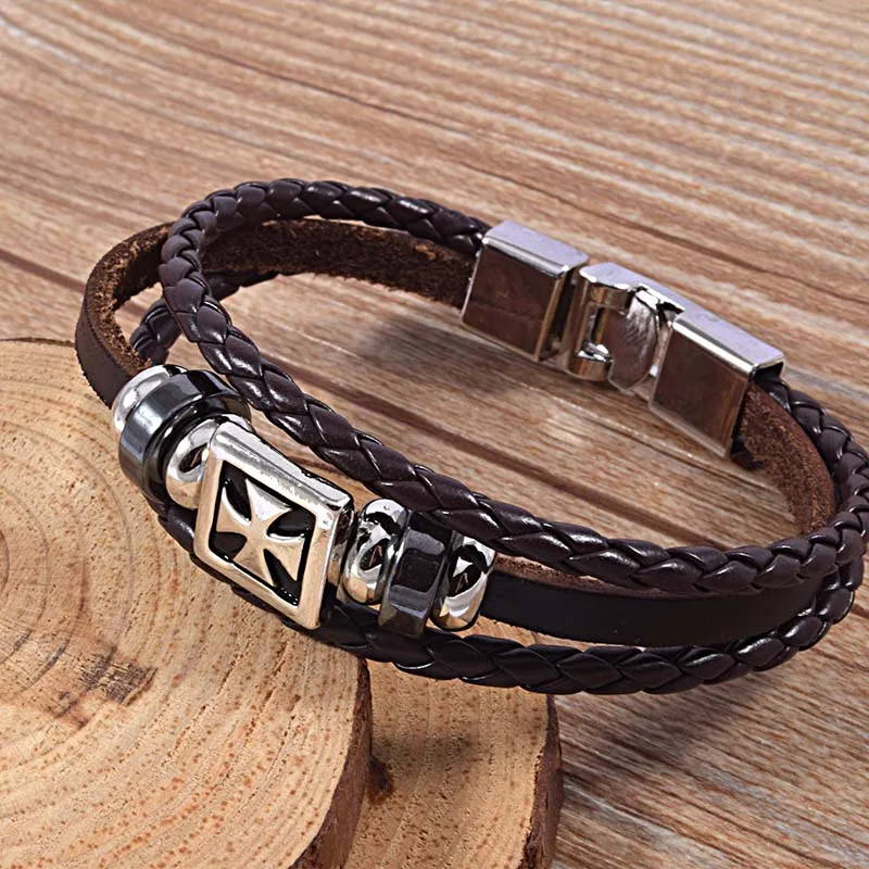 Модные черные коричневые винтажные кожаные браслеты готические бусины Крест