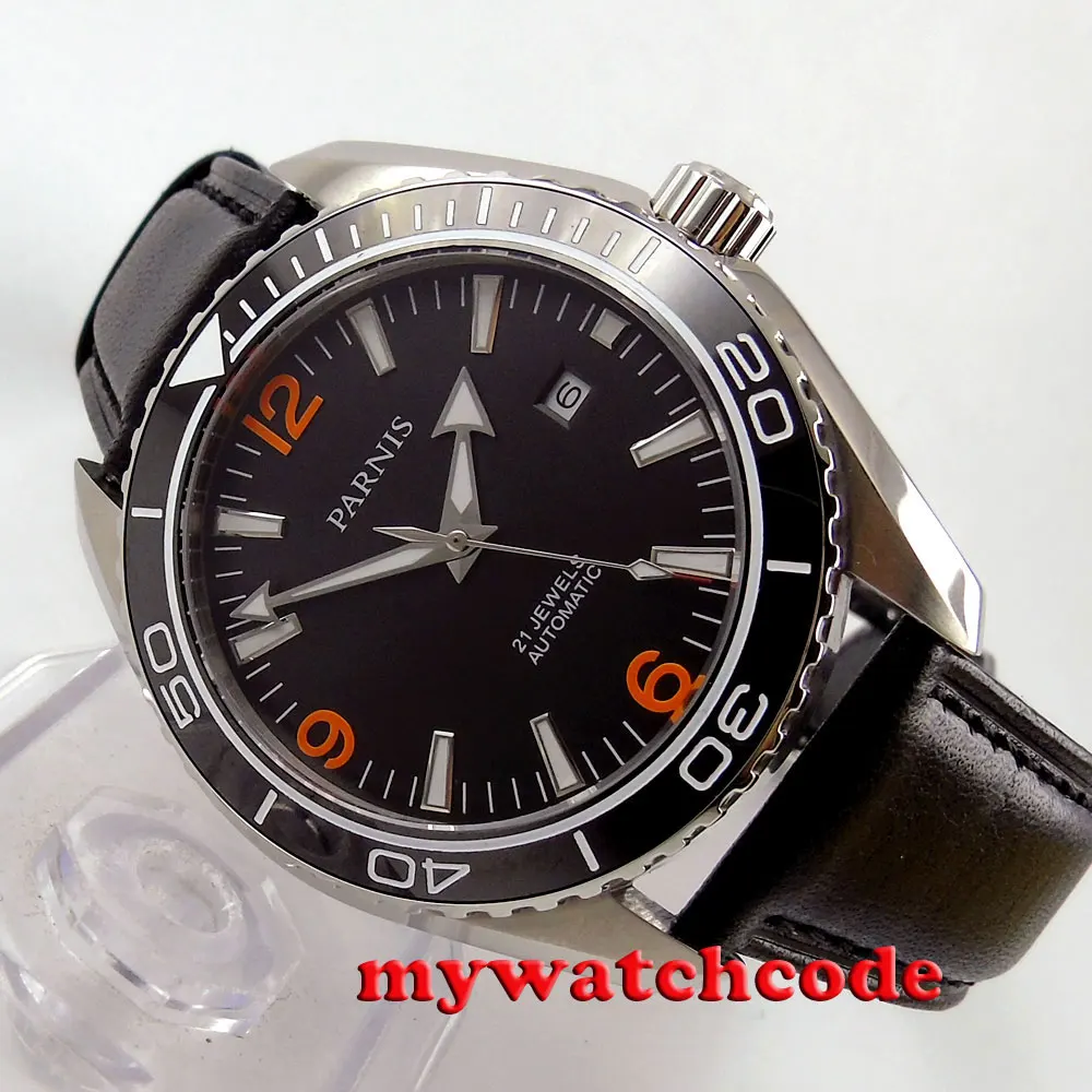 Мужские автоматические часы 45 мм Parnis с черным циферблатом и керамической рамкой