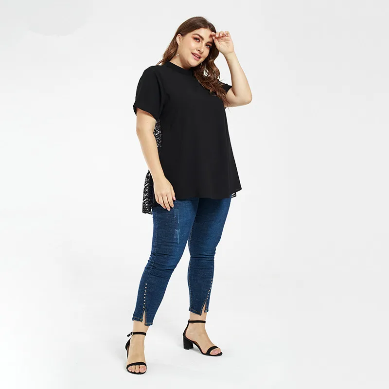 Женская футболка кружевная блузка большого размера Свободный Топ с o-образной