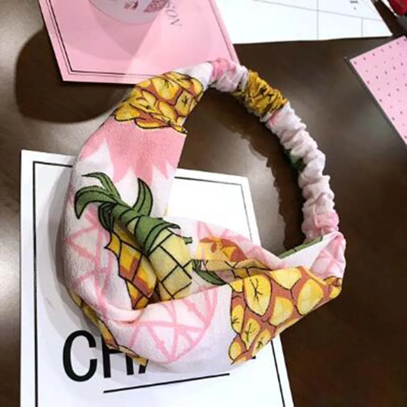 Chic Fruit Ananas Print Headband Handmade Bowknot Cross Elastic Hairband Headwrap Turban For Beach Hair Jewelry Fast Shipping | Детская