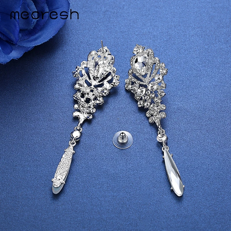 Женские серьги сердечко серебряного цвета Mecresh длинные с кристаллами для