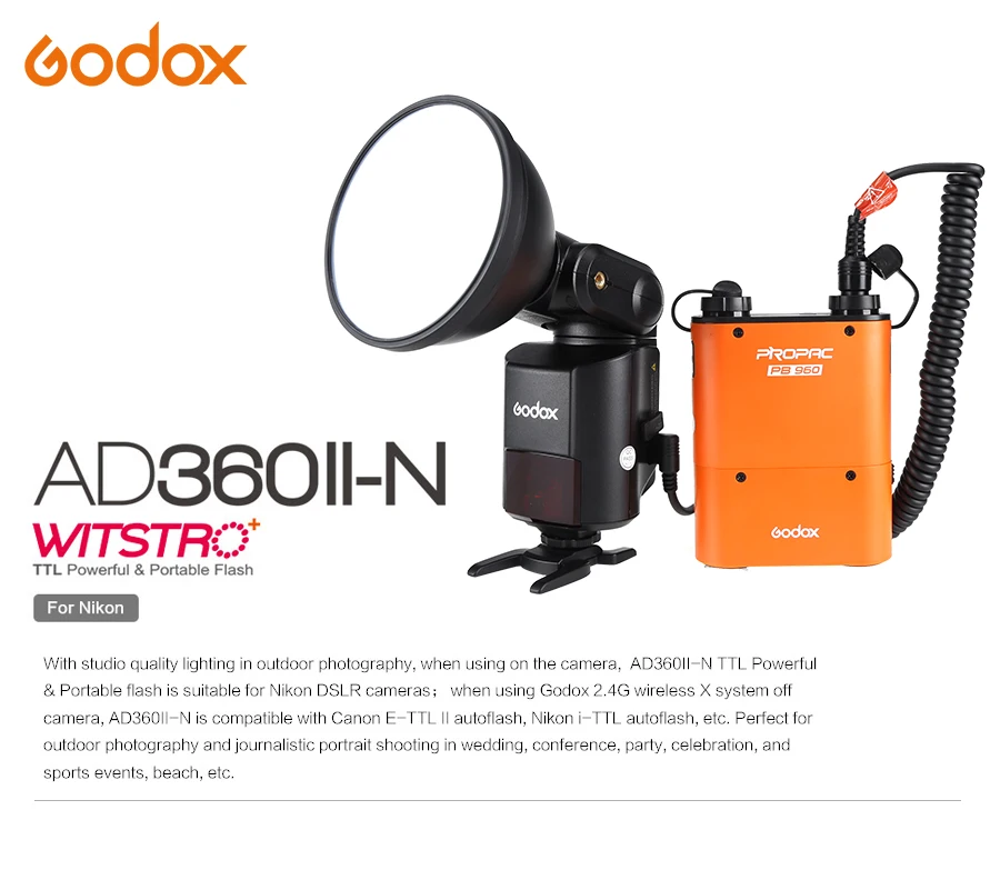 Внешняя Мощная Вспышка Godox Full Speedlite AD360II-N ttl+ PB960 power Pack оранжевый или черный+ X1T-N ttl передатчик+ AD-S7 софтбокс