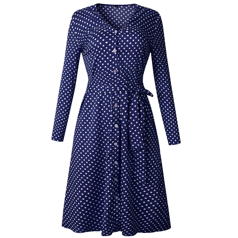 Polka Dot Long Dress Women Sleeve Spring Autumn Casual Dresses Button Lace Up 2020 Streetwear Black Maxi Vestidos | Женская одежда