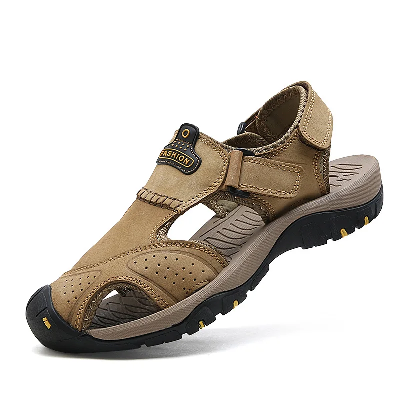 Khaki FJJS3 ZSAUAN/мужские резиновые сандалии Летняя кожаная обувь высшего качества для взрослых; большие размеры 38-46; воздухопроницаемые синие сандалии; Para Hombre - Цвет: Khaki FJJS3