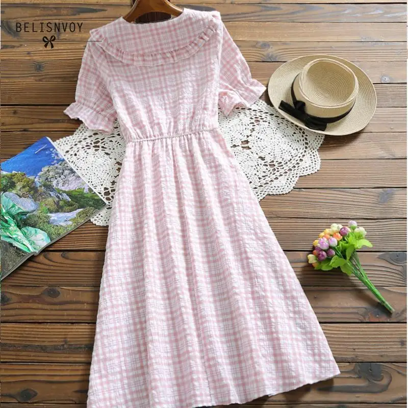 Mori Girl Summer Women Plaid Dress 100%Cotton Linen Flare Sleeve Casual Femininos Vestidos Vintage Elegant Sweet Ladies | Женская одежда