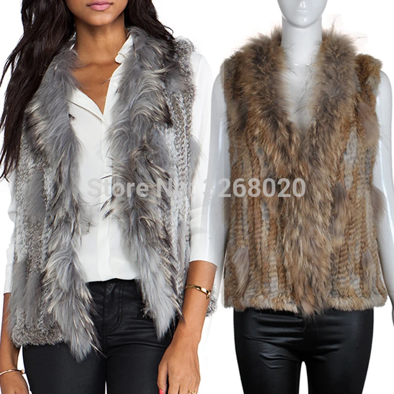 

New Real Classical Knitted Rabbit Fur Vest Gilet with Raccoon Fur Collar Lady Wholesale Vest