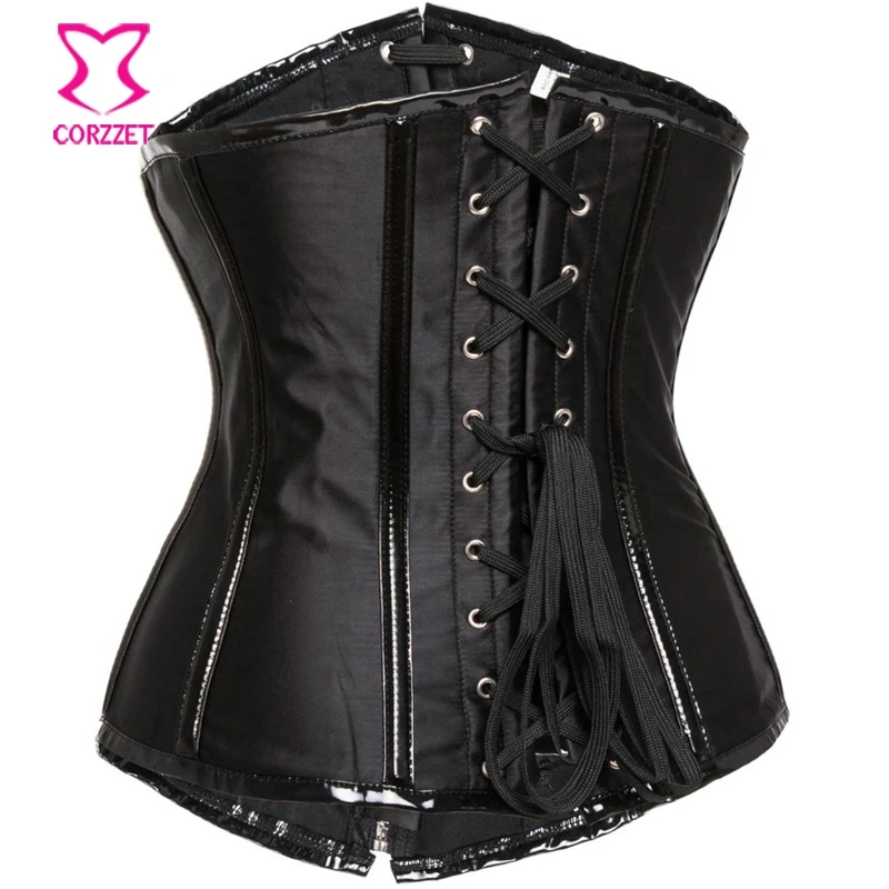Черный корсет из сатина и ПВХ со стальными костями на молнии соблазнительный для