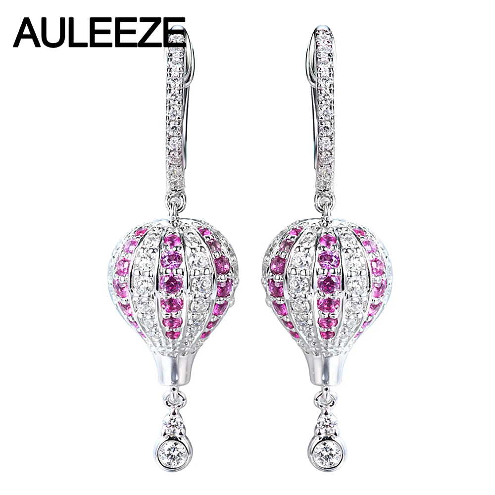 AULEEZE Hot Air Balloon Design 18K White Gold Natural Pink Sapphire Drop Earrings Real Gemstone Diamond Anniversary Gift | Украшения и