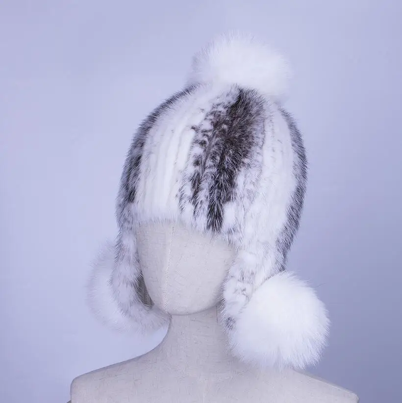 CROSS MINK YC Fur шапки-бомберы для женщин шьют полосы норки меховые шапки головные уборы с ушками протектор лисий мех Poms шапочка шапка женская шапка зима - Цвет: CROSS MINK