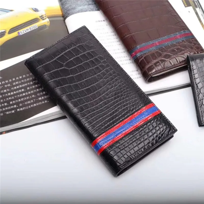 Black Blue Подлинная кожа аллигатора бизнесменов ультратонкие костюмы клатч кошелек из натуральной крокодиловой кожи живота Мужской Длинный кошелек держатели для карт - Цвет: Black Blue