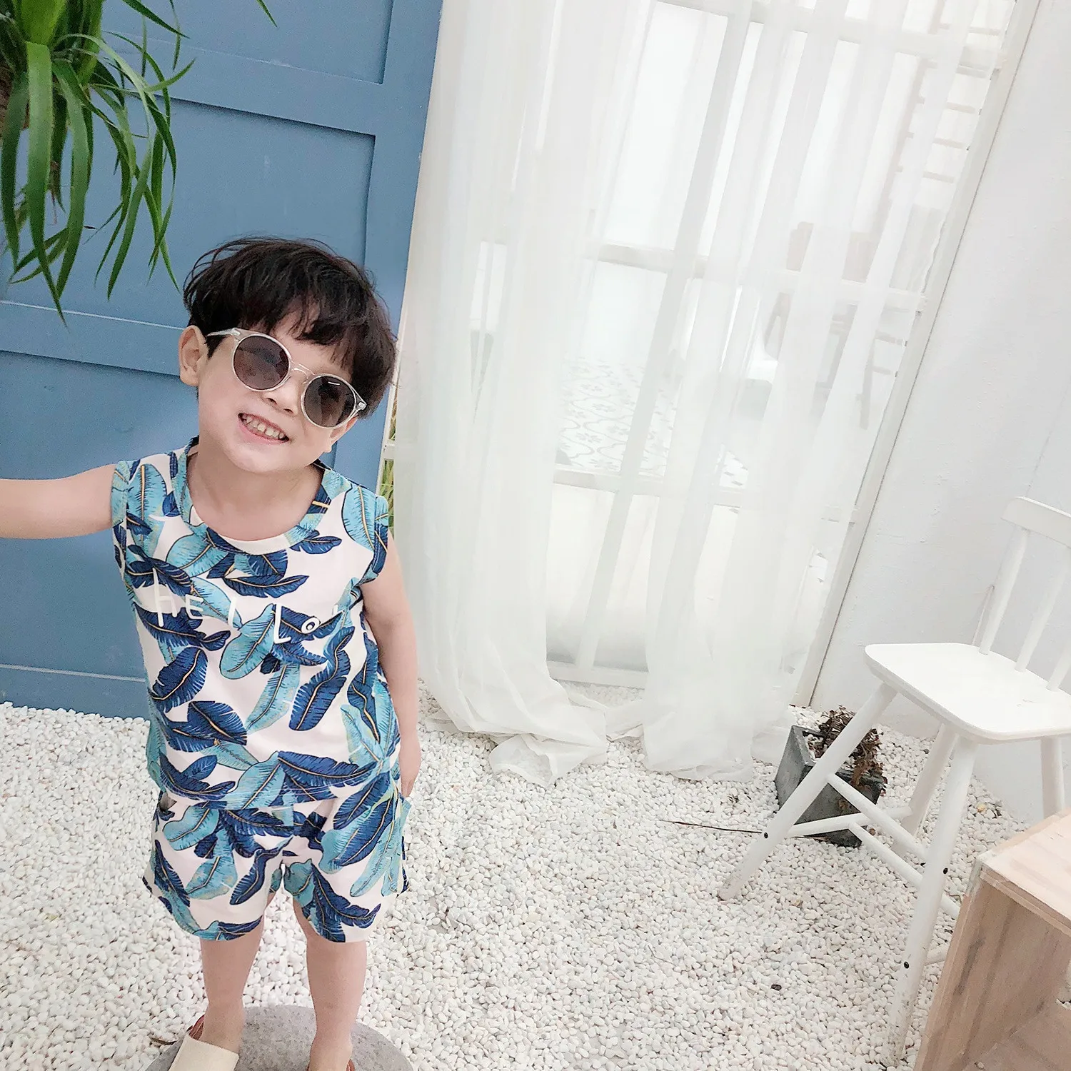 Summer 2019 fashion boys girls leaf printed sleeveless clothes sets kids cotton beach holiday vest and shorts 2pcs suits | Детская