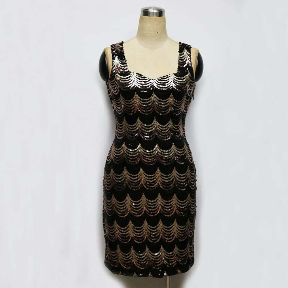 Платье без рукавов в английском стиле золотое черное с блестками сексуальное