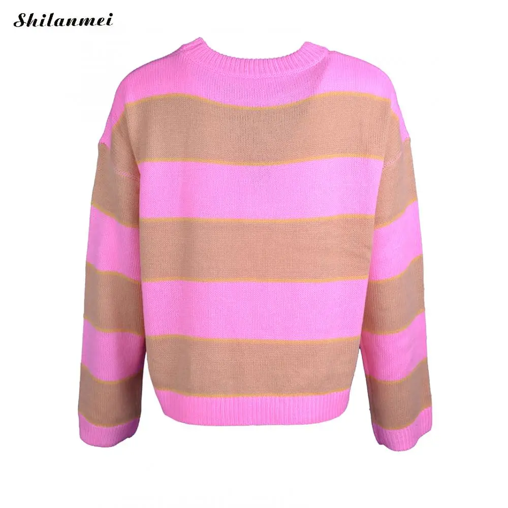 

2019 Autumn Winter Sweater Women Pullover Rainbow Striped Long Sleeve Sweater Pull Female Elegant O Neck Pullover Knitted Loose