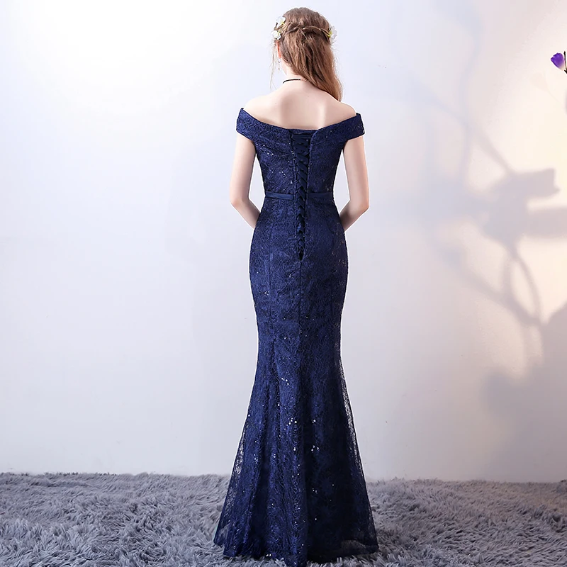 Robe De Soiree,, темно-синее кружевное вечернее платье русалки, для невесты, тонкое, сексуальное, с вырезом лодочкой, длина до пола, вечерние платья русалки для выпускного вечера