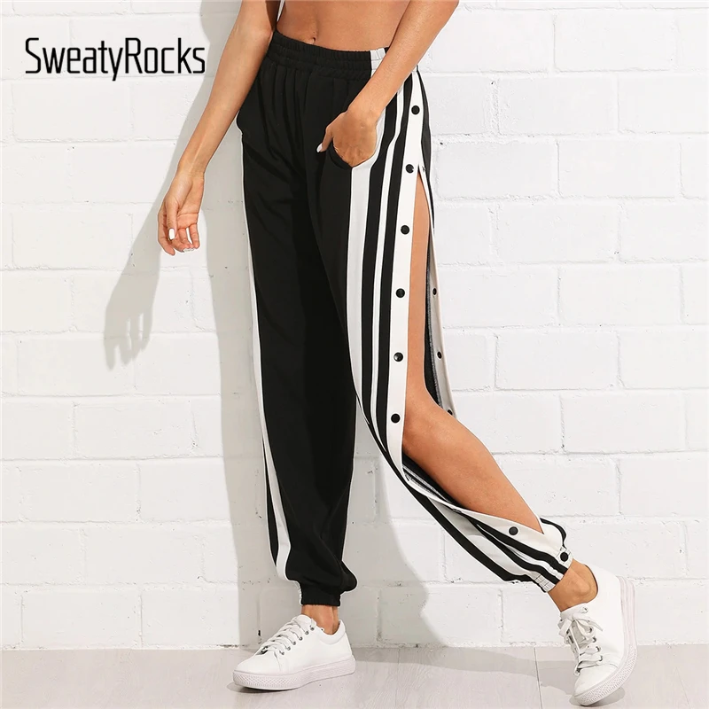 SweatyRocks, полосатые штаны с пуговицами, уличная одежда, женские зауженные брюки, модные весенние Стильные черные брюки и брюки