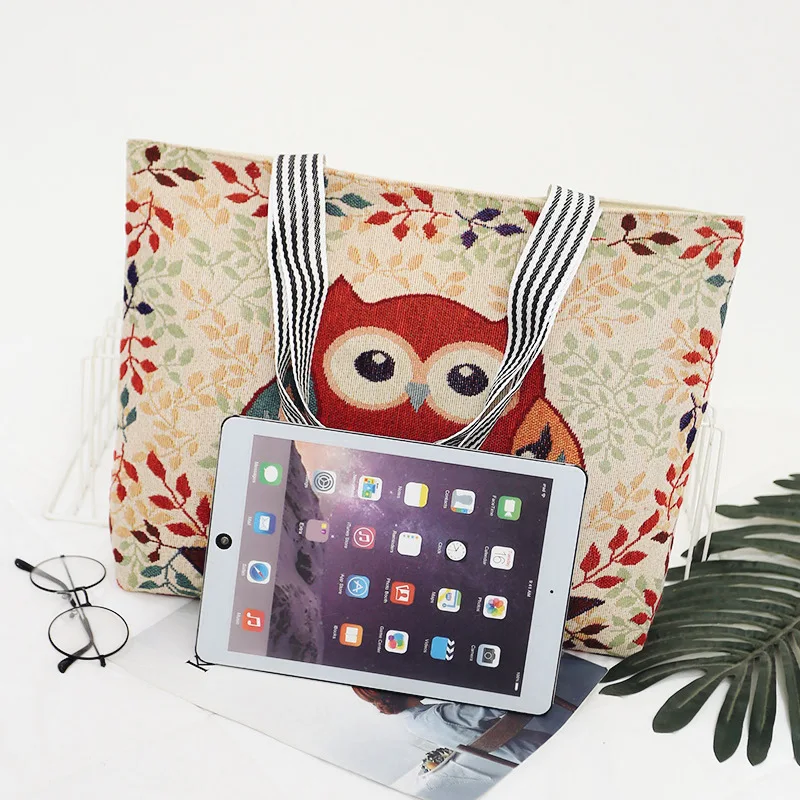 Модная Холщовая Сумка с совой для женщин портативная большая Студенческая сумка