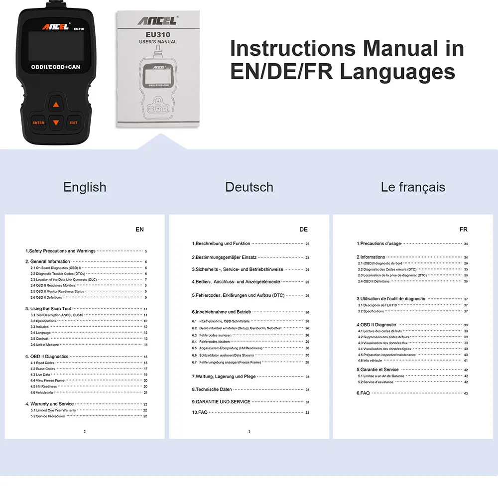 Ancel EU310 OBD2 сканер OBDII считыватель кодов неисправностей двигателя в 8 многоязычный
