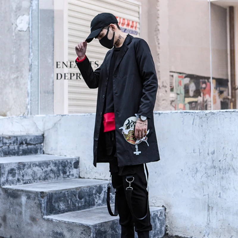 Осенний Повседневный длинный Тренч мужская куртка в стиле хип хоп пальто