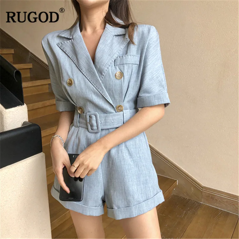 Женский джинсовый костюм с короткими рукавами RUGOD Облегающий комбинезон поясом и
