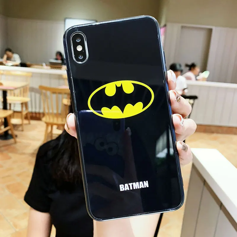 Luxury Tempered Glass Cover Marvel Iron Man Batman phone case for iphone 6 S 7 7plus 8 8plus X 10 XR XS Max Fashion Tide coque |