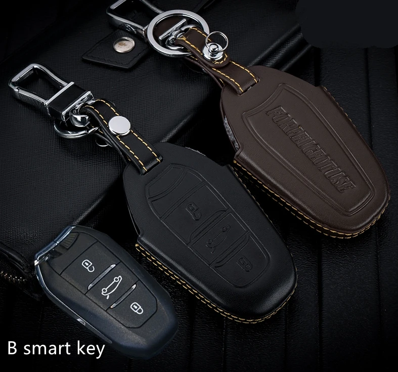 

4D Leather Car Key Case Cover Holder Chain For Peugeot 2008 308 3008 508 4008 408 3 Button Key Accessories