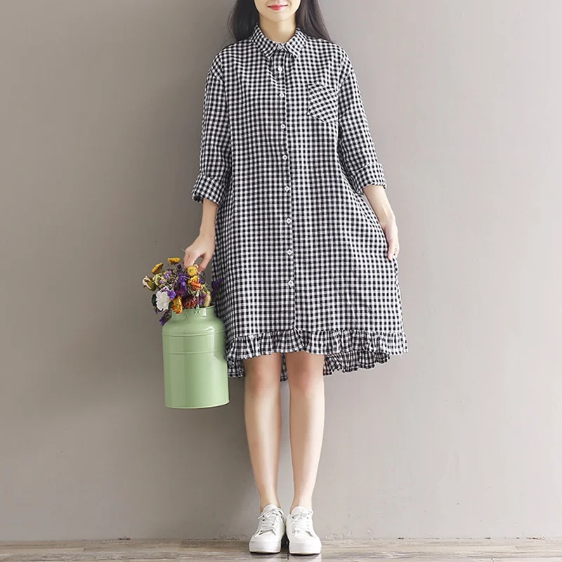 Платье женское льняное в клетку цвет синий черный размер M-2XL | Женская одежда