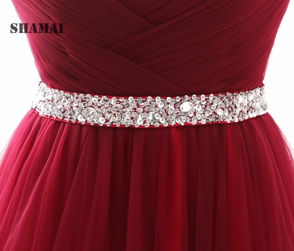 

In Stock Wine Red Prom Dresses A-line Pleated Tulle Party Gowns Crystal Beading Sash Woman Formal Occasion Dress Evening Gown