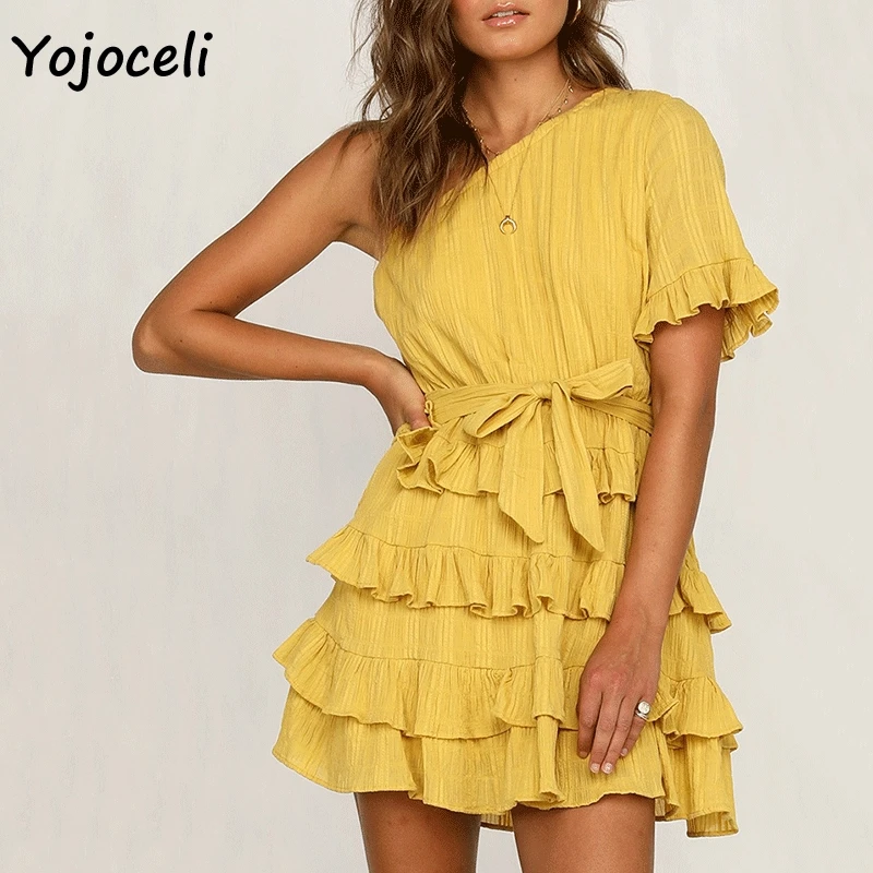 Платье Yojoceli женское мини-платье на одно плечо с оборками и бантом лето 2019 |