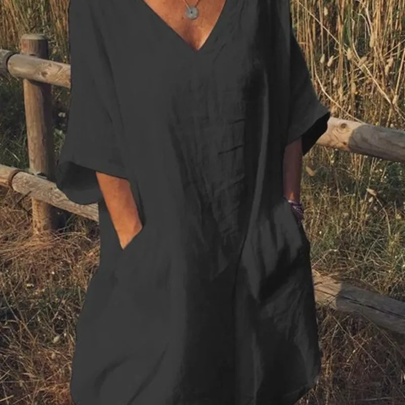 2019 summer new large size women's dresses pure color casual V-neck five-point sleeve double pocket | Женская одежда