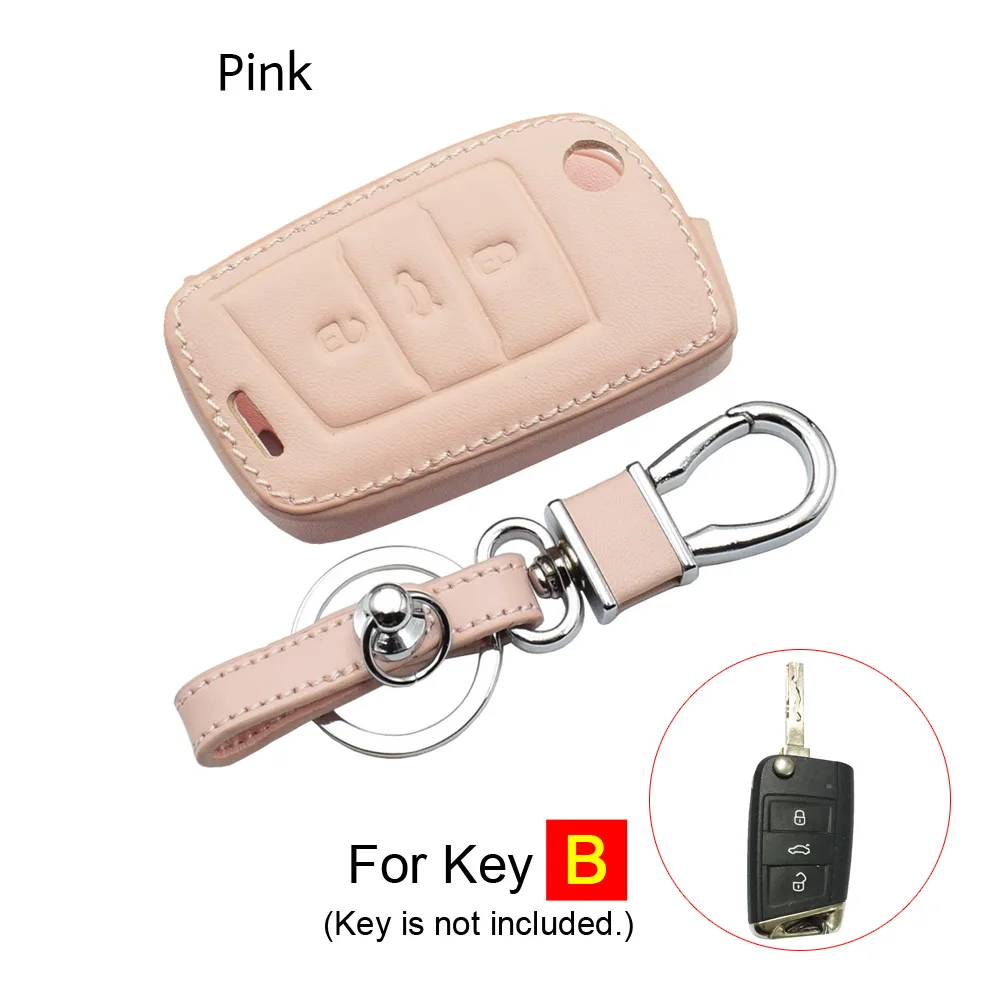 B Pink Кожаный чехол для ключей автомобиля для VW Volkswagen Polo Golf Passat Beetle Caddy T5 Up Eos Tiguan Skoda A5 SEAT Leon Altea откидной Чехол для пульта дистанционного управления - Название цвета: B Pink