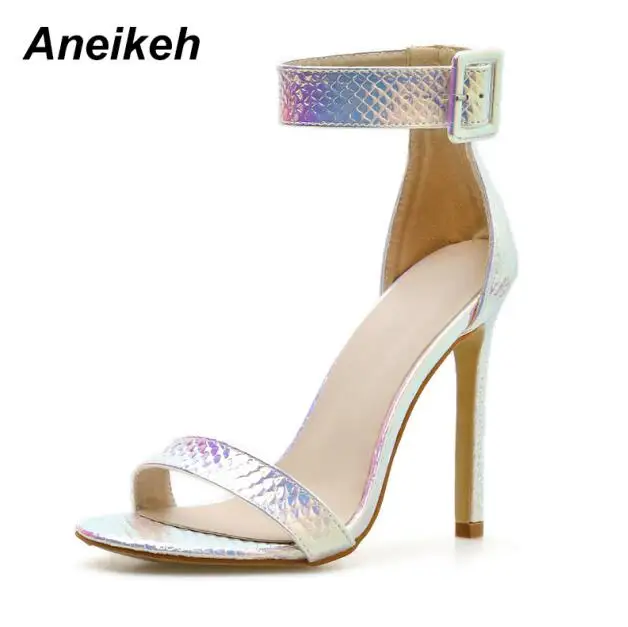 Silver Aneikeh/ г. Летние женские босоножки из PU искусственной кожи туфли-лодочки на ремешке с пряжкой туфли на очень высоком каблуке, с круглым носком, на тонком каблуке, с закрытой пяткой, синего и серебристого цвета, размеры 35-42 - Цвет: Silver