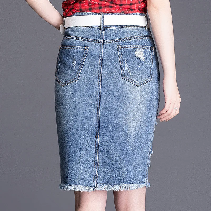 1252 Shredded Women denim skirt female 2019 spring and summer new embroidered skirts Slim bag hip BLUE M-4XL | Женская одежда
