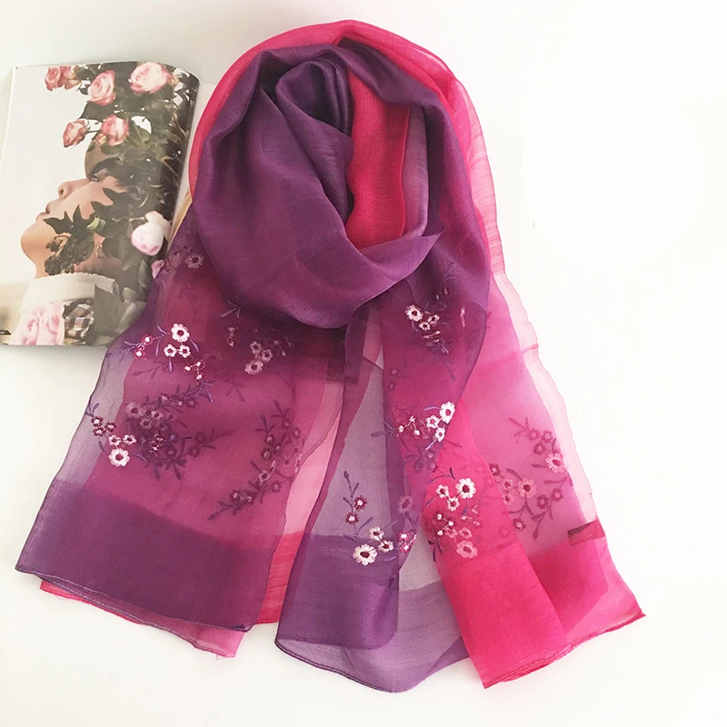 Модные siik шарф для Для женщин 100% шелк угощал Элитный бренд ручной работы Вышивка