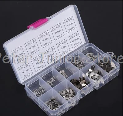 

200PCS/Lot 304 Stainless Steel E Clip washer Assortment Kit Circlip retaining ring for shaft fastener M1.5~M10