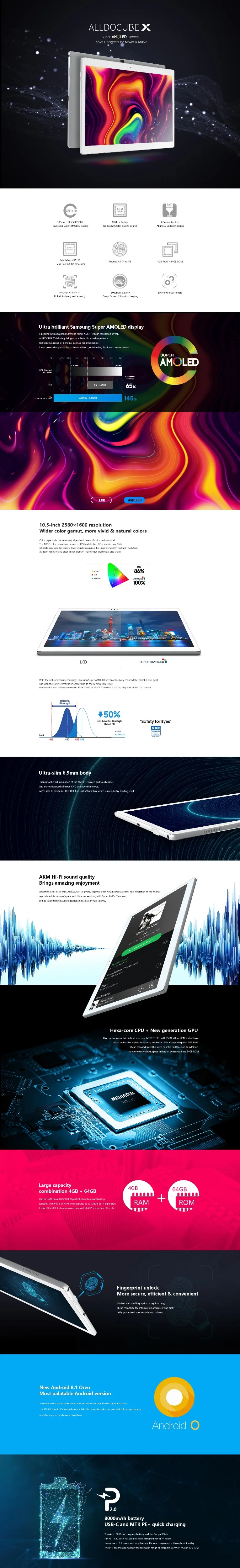 10," 2560*1600 Alldocube X планшетный ПК Android 8,1 4G ram 64G/128G rom 8MP камеры MTK8176 шестиядерный BT Распознавание отпечатков пальцев