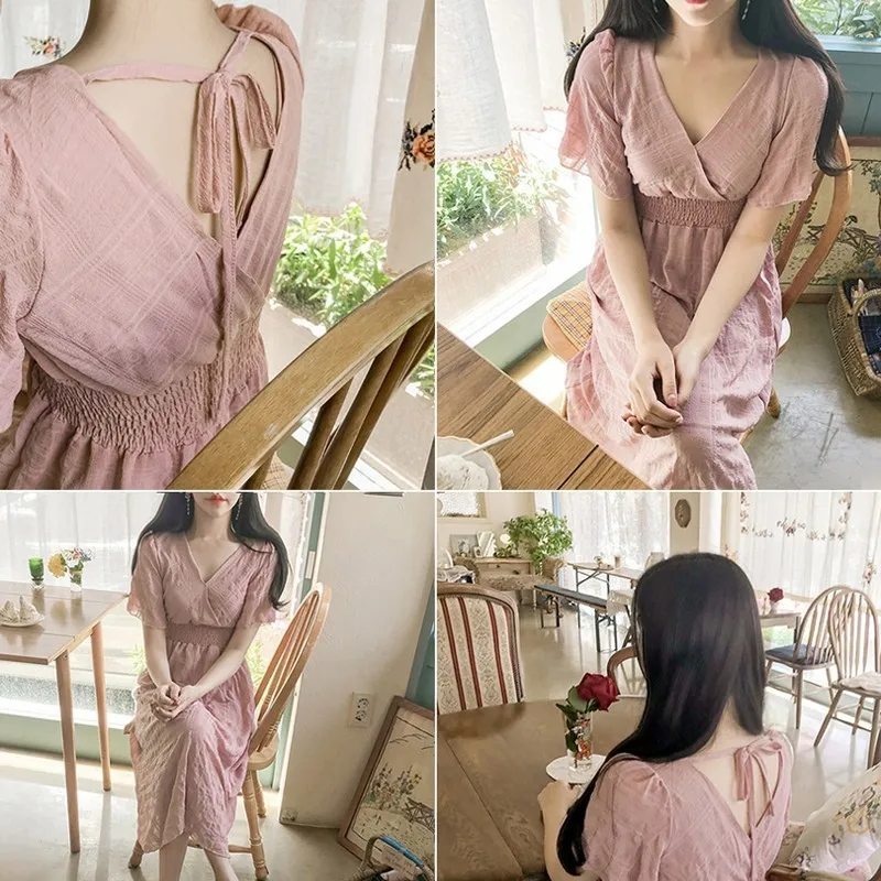Elegant Party Dresses Women Sweet V-neck High Waist Short Sleeve Bandage Longuette A-line Vestidos Pink Beige Dress | Женская одежда