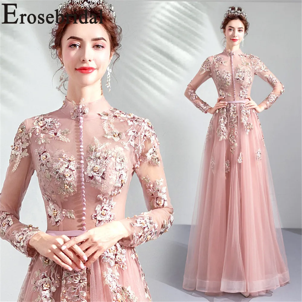 Женское вечернее платье Erosebridal длинное кружевное на кнопках с высоким воротником