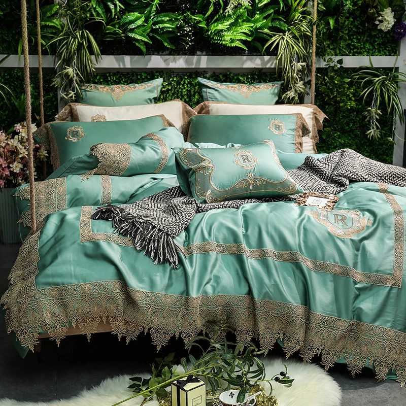 

Green White Luxury 80S Egyptian cotton Royal Gold Lace Embroidery bedding set Duvet Cover Bed Linen Bed sheet Pillowcases 4/7pcs
